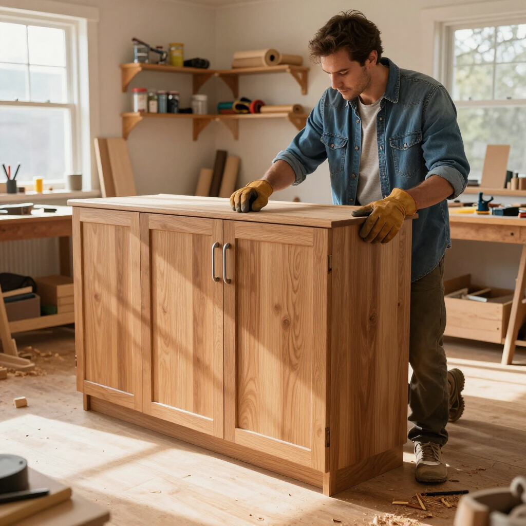 A craftsperson in a woodworking shop wears yellow gloves while sanding the top of a new wooden cabinet.