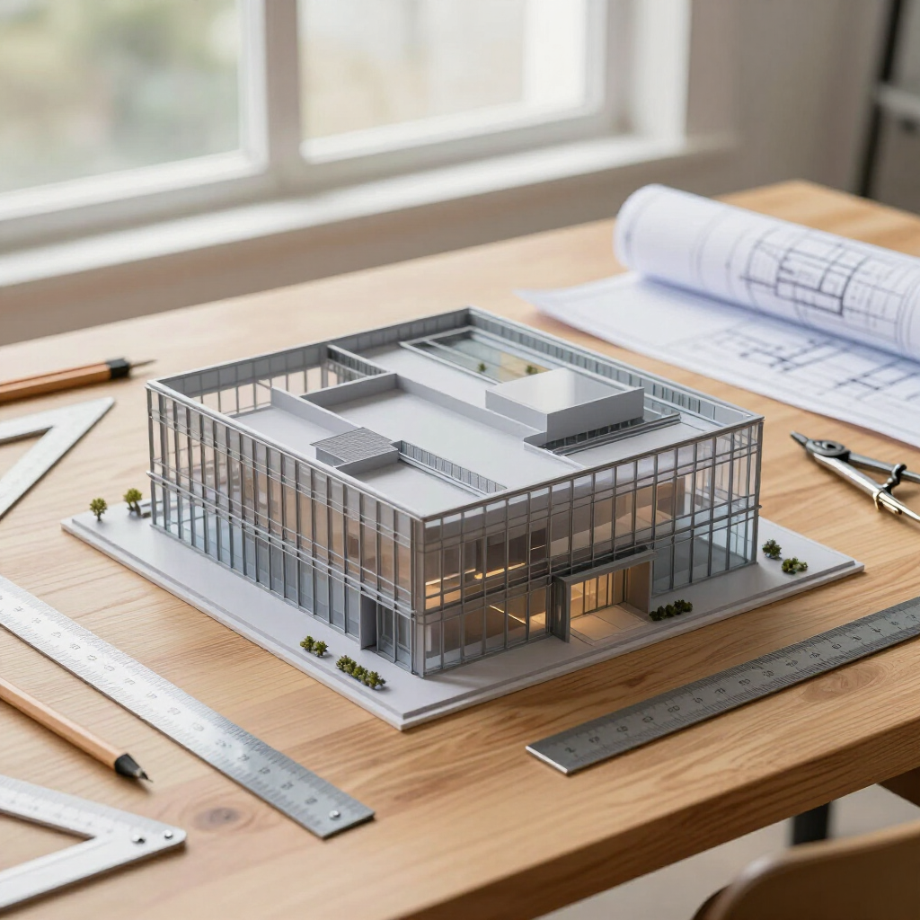 Architectural scale model of a modern glass building on a drafting table with rulers and blueprints