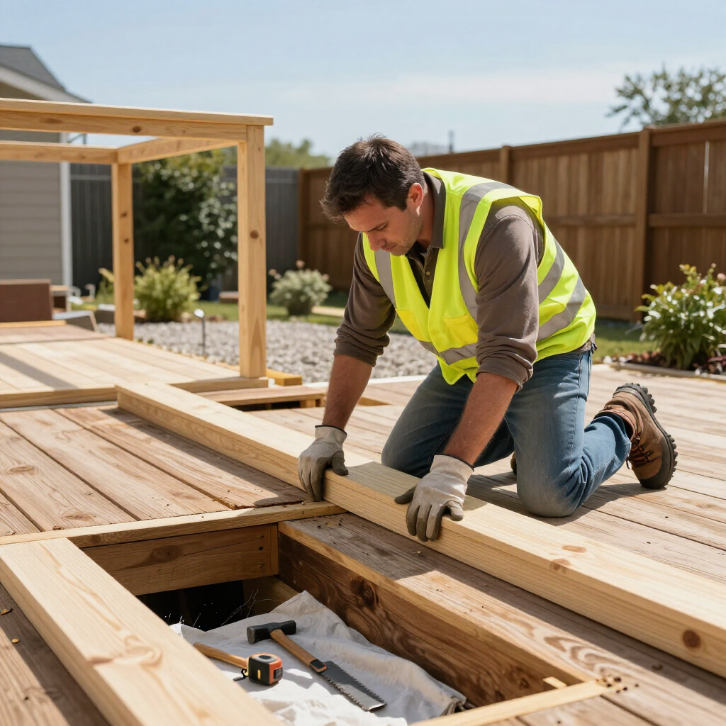 Worker in a yellow safety vest kneels on a wooden deck under construction, aligning boards with tools nearby