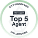 Ratemyagent Top 5 Agent badge, City Winner 2026, Wollongong, white circle with pale green border