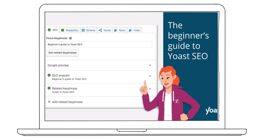 Laptop met Yoast SEO-interface en een handleiding met een afbeelding van een wijzende vrouw.