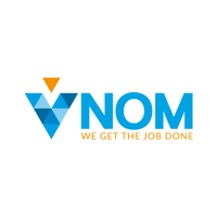 Logo: Blauw en oranje geometrisch ontwerp met de letters
