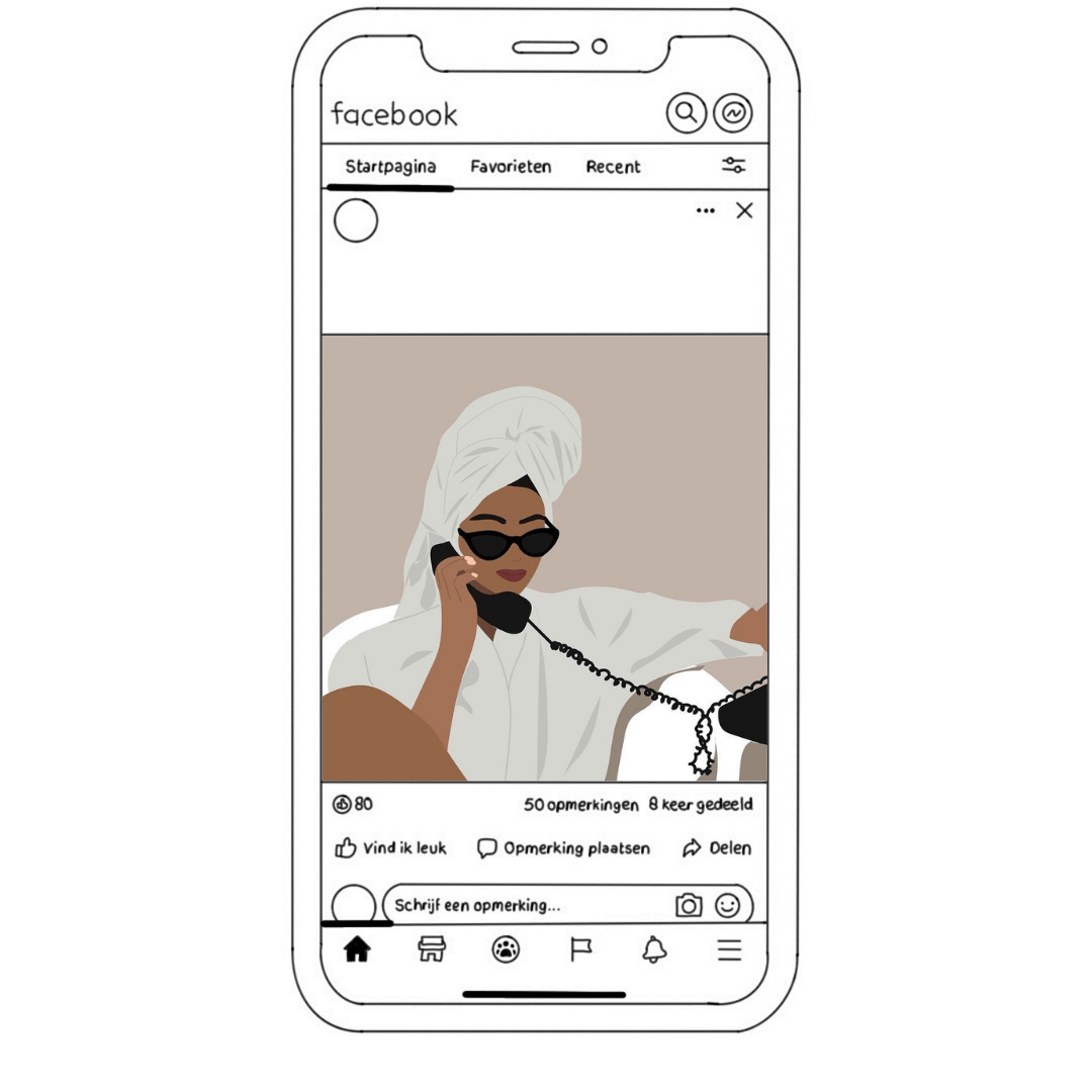 Op het telefoonscherm is een vrouw te zien met een hoofddoek en een zonnebril die aan de telefoon praat.