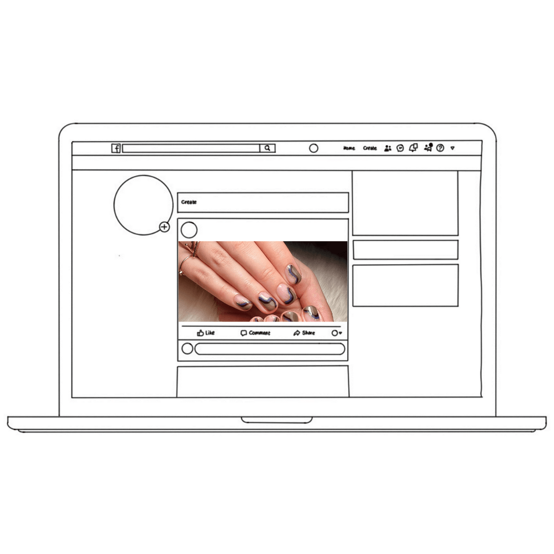 Op een laptop is een bericht op sociale media te zien met gemanicuurde nagels met donkere nagellak.