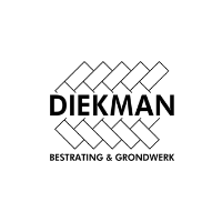 Logo voor Diekman, met de naam in vetgedrukte letters boven een patroon van schuine rechthoekige vormen, met daaronder