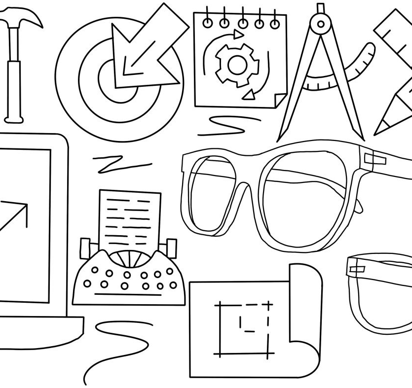 Lijntekening van ontwerp- en werkgereedschap: hamer, laptop, richtmiddel, tandwielen, bril, typemachine en meer.