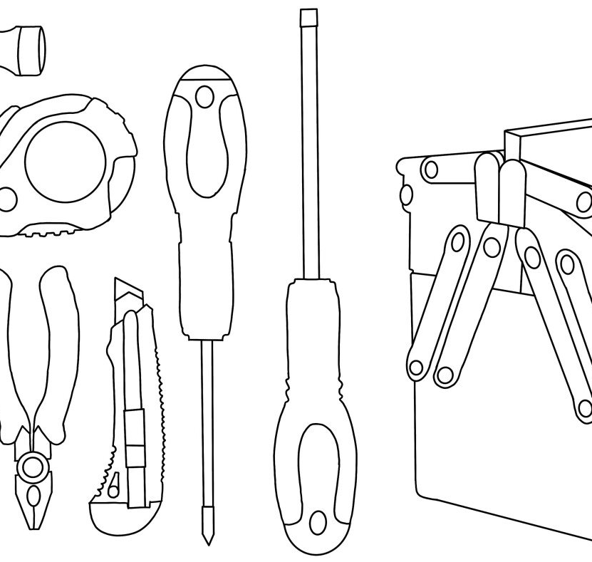 Lijntekening van gereedschap, waaronder een tang, een stanleymes, schroevendraaiers en een gereedschapskist.