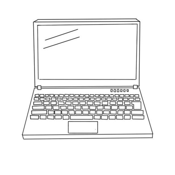 Lijntekening van een opengeklapte laptop, met het scherm, toetsenbord en touchpad.