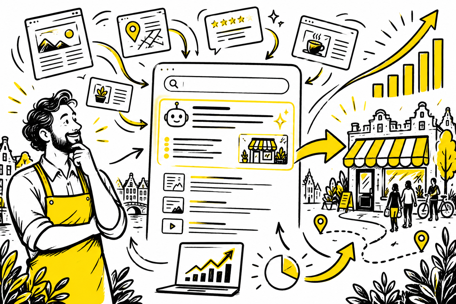 Handgetekende illustratie van een mkb-ondernemer die met SEO zichtbaar wordt in AI-zoekresultaten