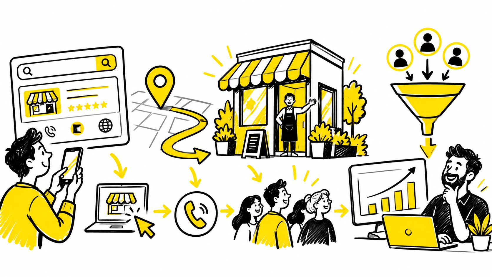 Handgetekende GCC-illustratie van een lokaal bedrijf dat via Google Zoeken, Maps, telefoontjes en we
