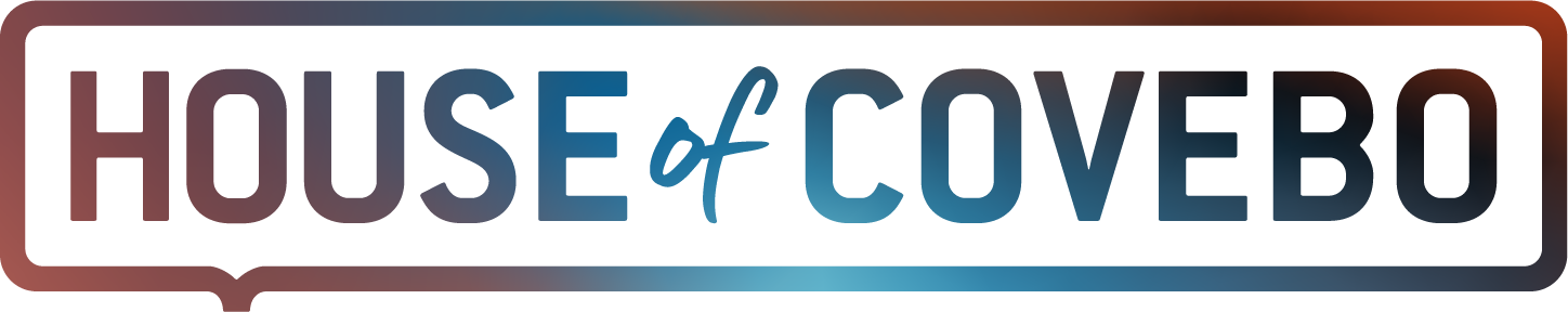 Logo voor House of Covebo met tekst in een afgeronde rechthoek en een achtergrond met kleurverloop.