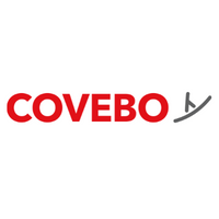 Het COVEBO-logo in rode letters met een grijze, gestileerde vorm die op een persoon lijkt.