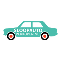 Silhouet van een auto in turquoise met zwarte wielen, oranje middenstukken en de tekst: SLOOPAUTO VERKOPEN.NU.