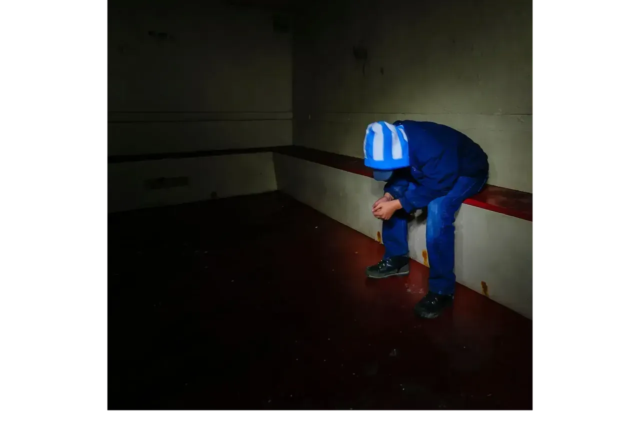 Person in blue crouches in a dim hallway, tying a shoe by a red wall.