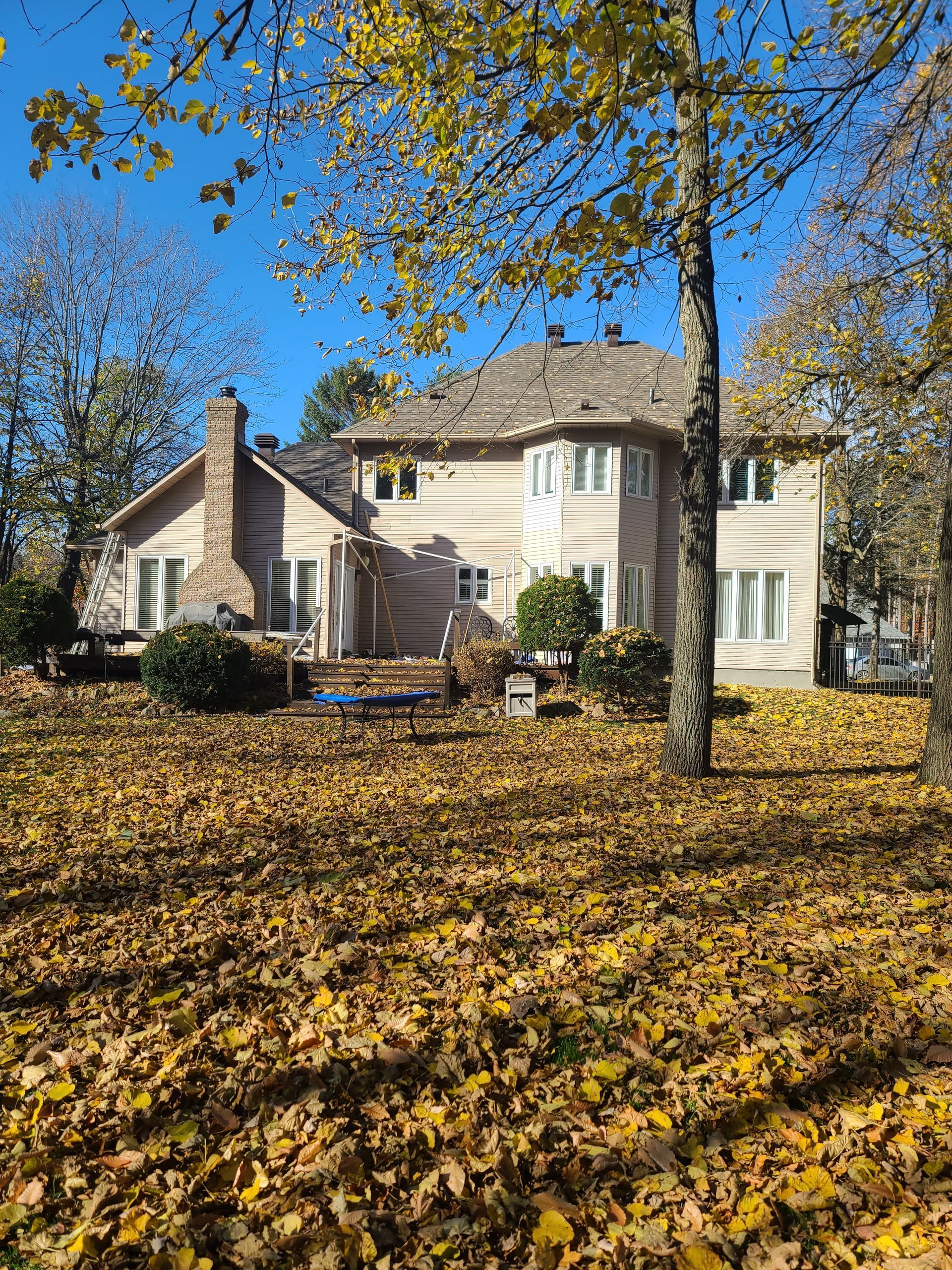 A large house is surrounded by trees and leaves on a sunny day.