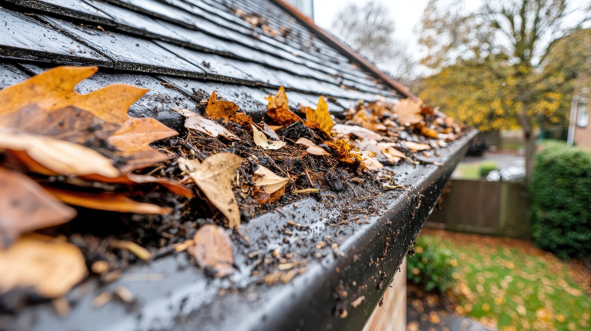 A gutter filled with leaves on the roof of a house.