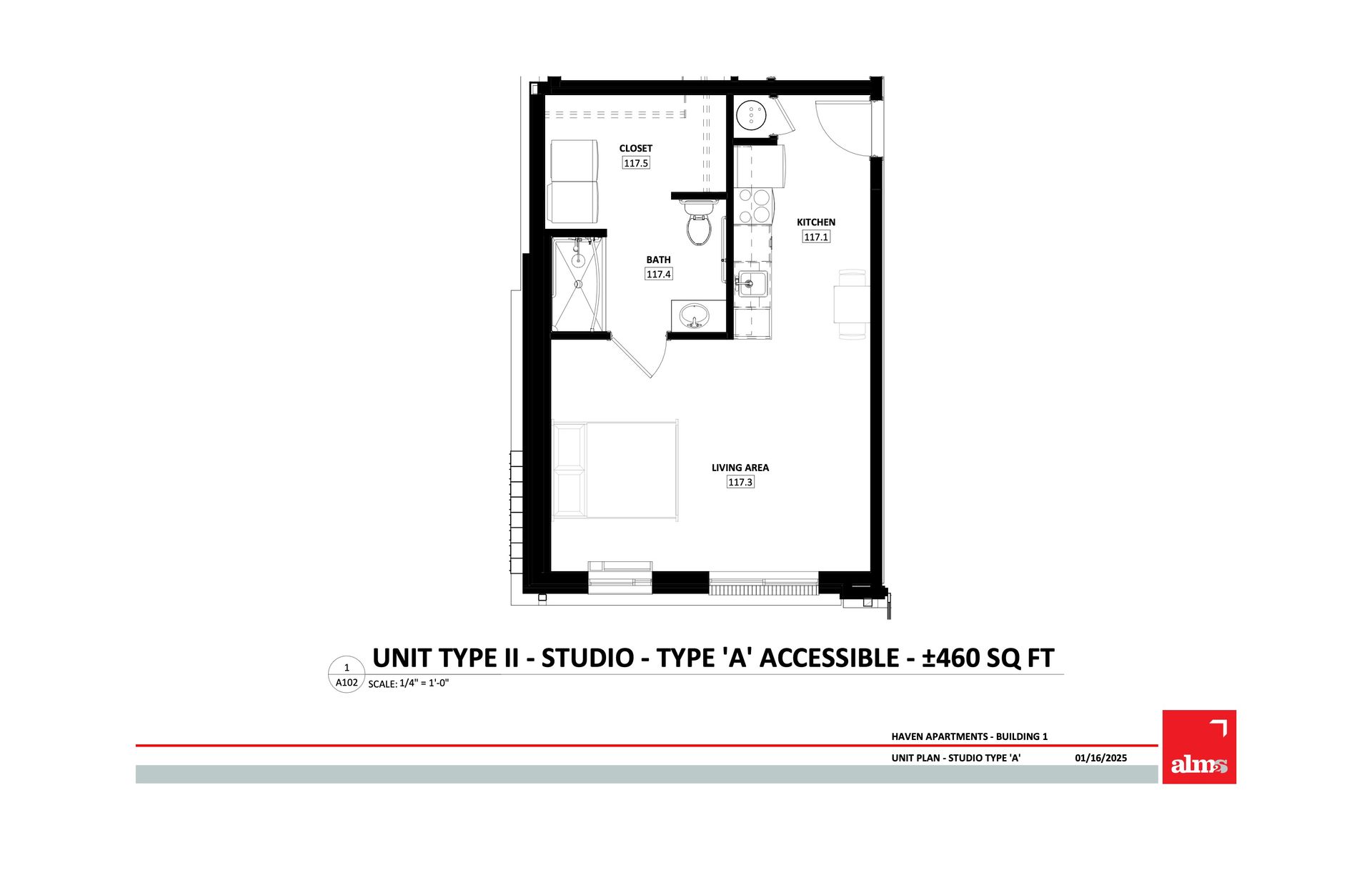 A floor plan picture of a studio unit from Haven apartments in Fort Collins.