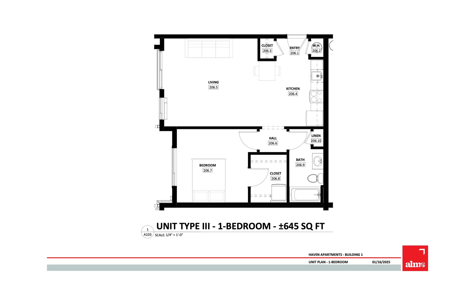 This is an the floor plans of a 1-bedroom unit at Haven Apartments in Fort Collins, Colorado.