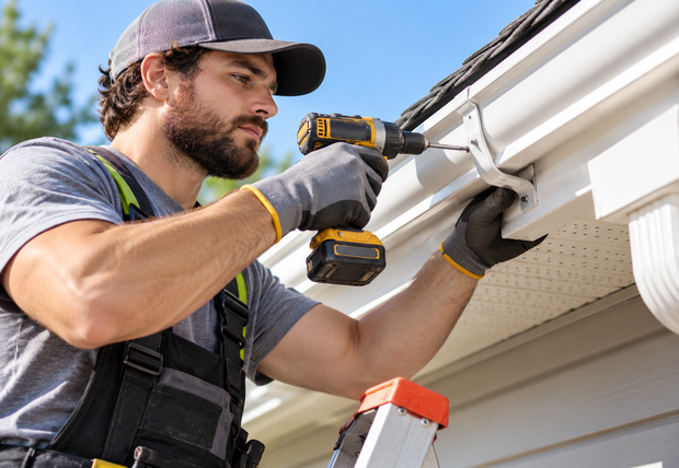 Worker using a drill to install a gutter on a house roofline