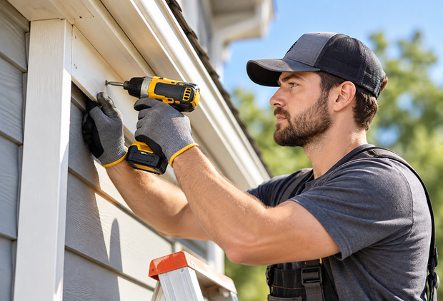 Man in a cap using a drill to install exterior siding on a house