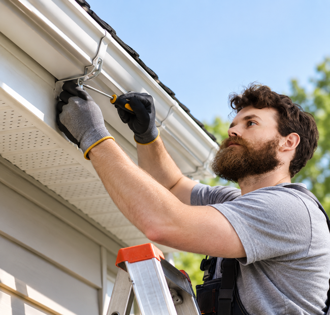 Worker on a ladder installing gutter brackets on a house roofline