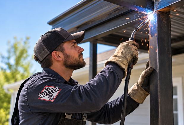 Worker in gloves welding a black metal frame outdoors, with bright sparks flying.