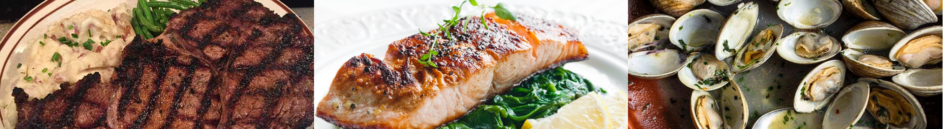 Grilled steak, seared salmon over spinach, and steamed clams