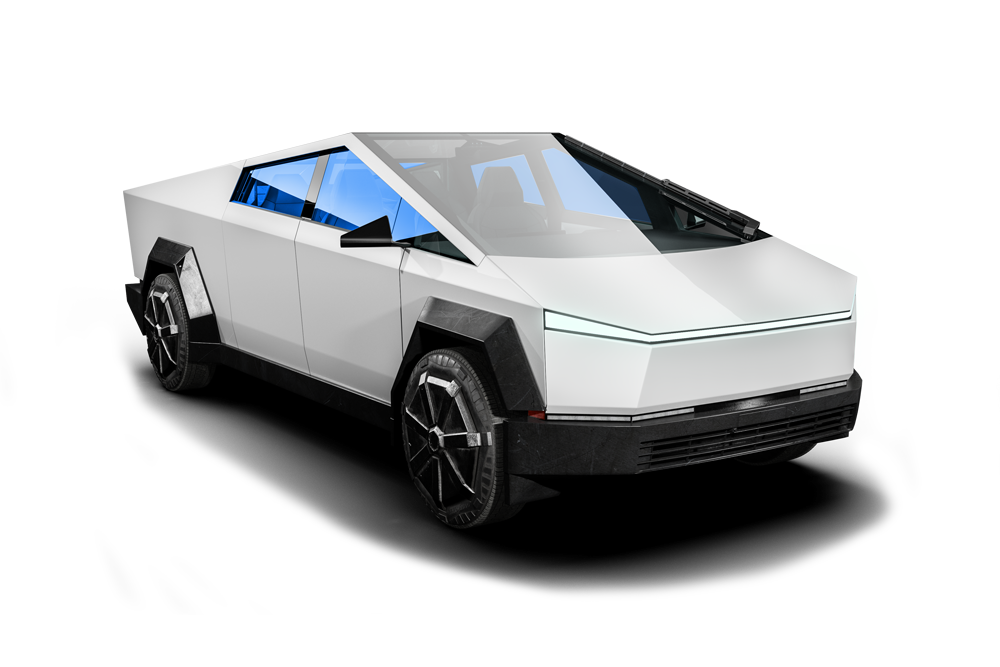 White angular futuristic pickup truck on a white background, shown in three-quarter front view
