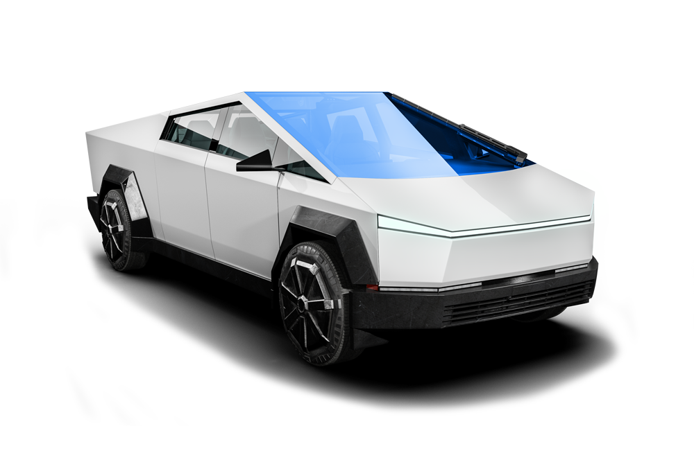 White Tesla Cybertruck shown in front three-quarter view on a plain white background