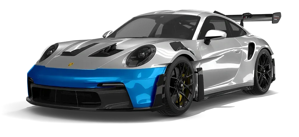 Modified silver and magenta sports car with black wheels and rear wing on white background