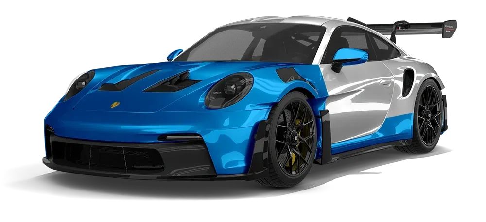 Bright magenta and silver sports car with a rear spoiler on a white background
