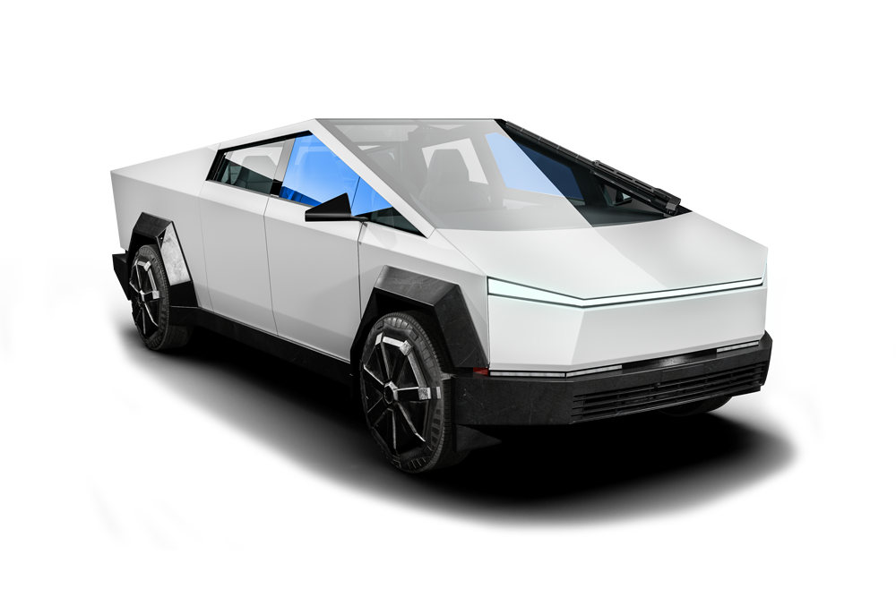 White Tesla Cybertruck shown in a studio-style side/front view on a plain background