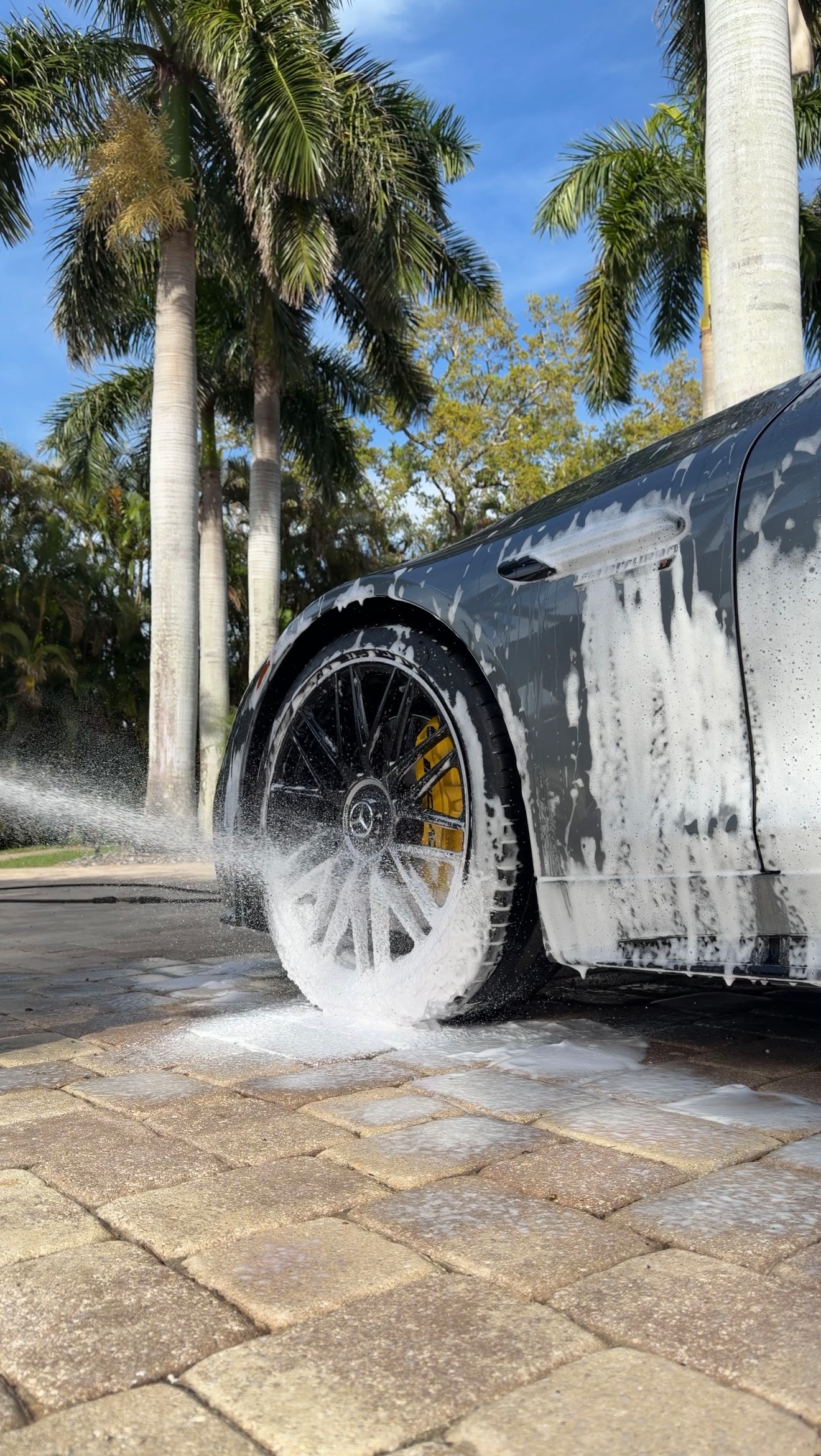 Car wheel spraying water on a white car washing driveway with palm trees in the background