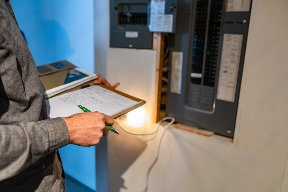 a man is holding a clipboard and a pen in front of an electrical box .