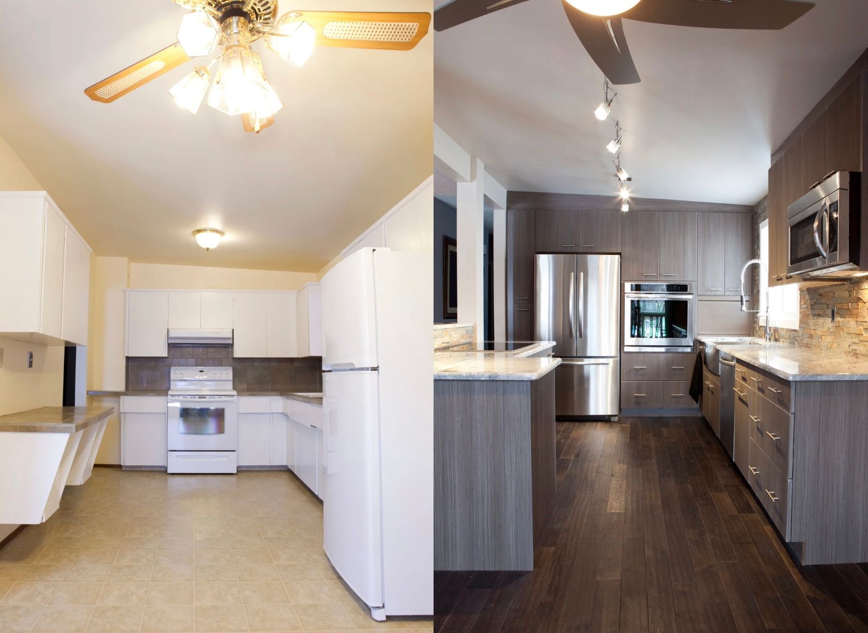 Split-view modern kitchen with white cabinets, dark wood floors, and stainless-steel appliances