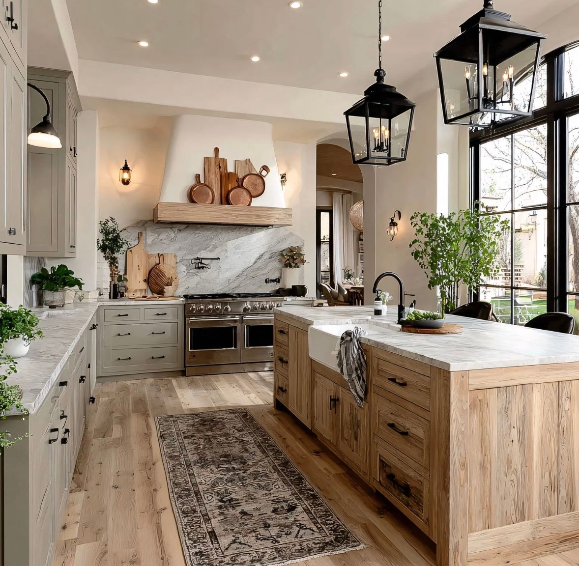 Bright modern farmhouse kitchen with wood island, white cabinets, marble counters, and black lantern lights