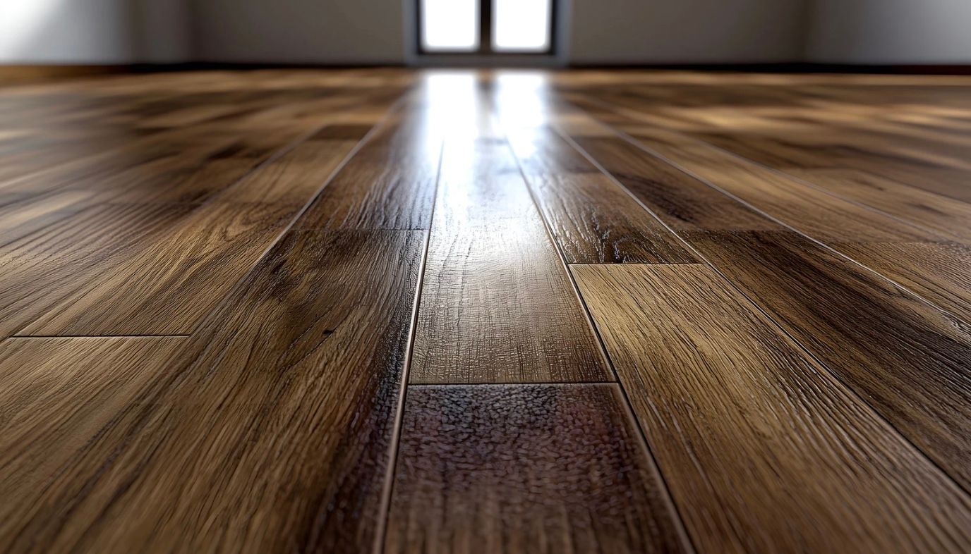 Sunlit wooden floorboards leading to a bright doorway in the background