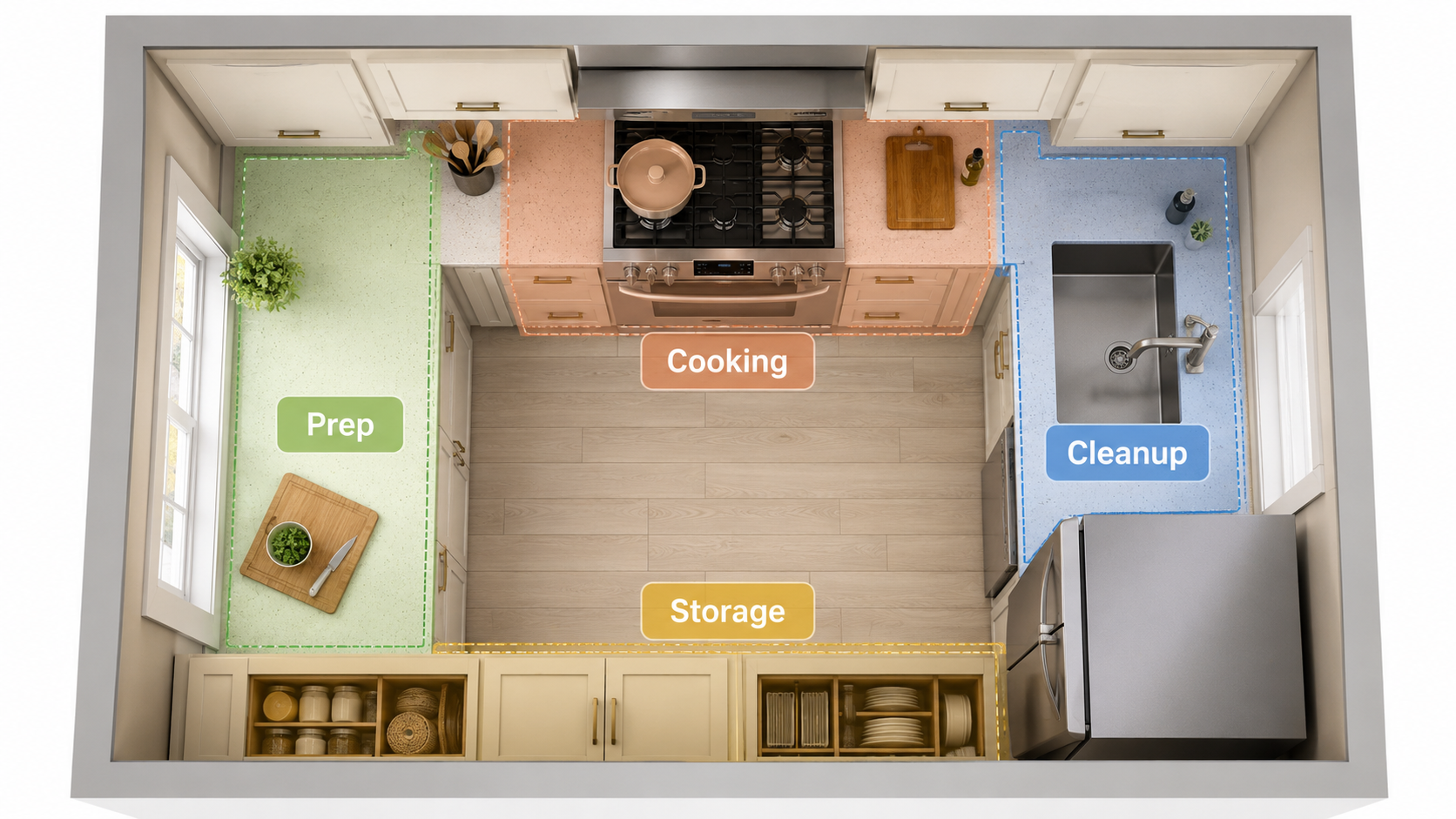 small kitchen layout work zones for better flow