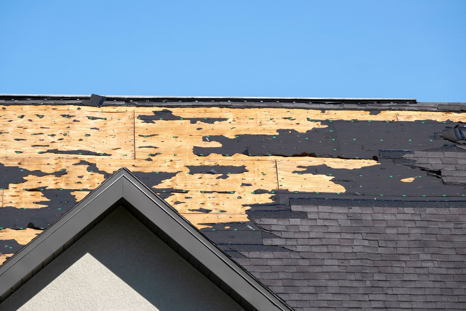 Partially torn-off roof shingles, revealing wooden underlayment against a blue sky. Partially torn-off roof shingles, revealing wooden underlayment against a blue sky.