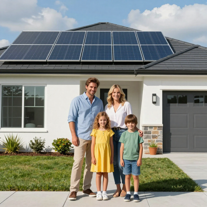 Een gezin staat voor een huis met zonnepanelen op het dak.