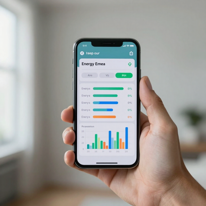 Hand die een smartphone vasthoudt waarop een kleurrijk analyse-dashboard met grafieken en voortgangsbalken te zien is.