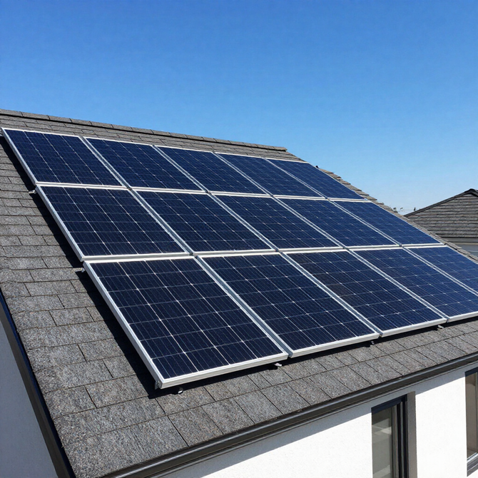 Zonnepanelen gemonteerd op een grijs pannendak onder een helderblauwe hemel.