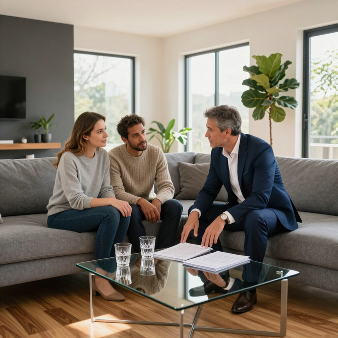 Drie mensen zitten in een lichte woonkamer en bespreken documenten op een glazen salontafel.