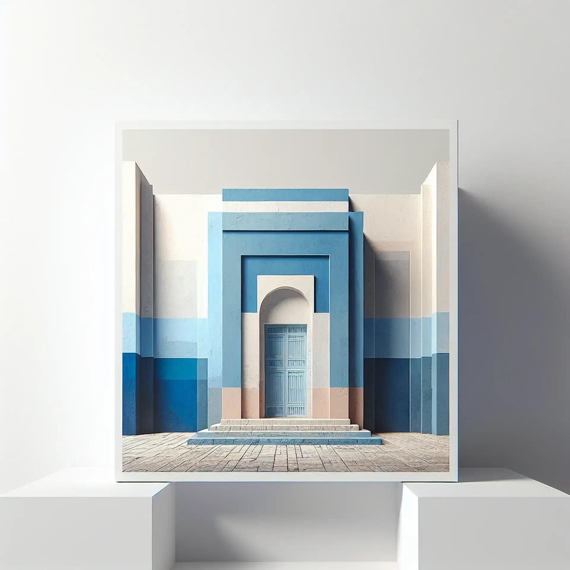 Architettura pittorica con porta dipinta in trompe-l'œil. Rinnova la tua casa senza pensieri. Design murale tridimensionale con effetto portale architettonico, sfumature di azzurro. Andrea e Guerino Rusconi: esperti in decorazione murale e restyling d'interni.