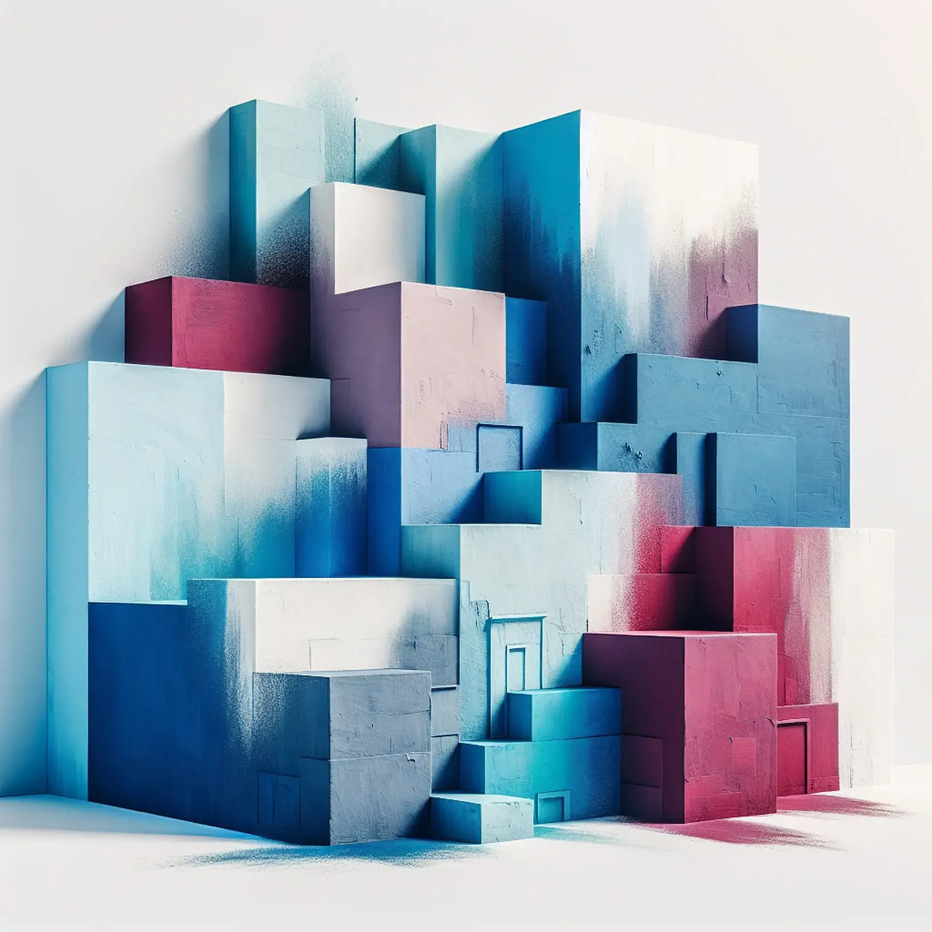 Cubi geometrici con sfumature. Artigiani della pittura edile a Soncino. Qualità e servizi rapidi. Composizione geometrica tridimensionale con cubi colorati. Pittori decoratori e specialisti in finiture d'interni affidabili, competenti e puntuali. La praticità al servizio della tua casa.