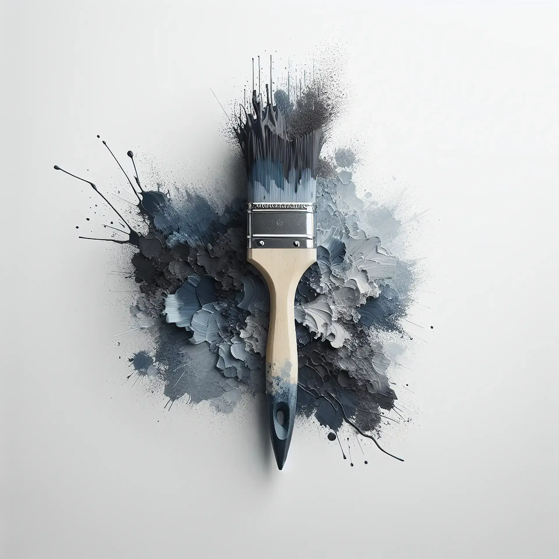 Pennello altà qualita con sfondo bianco e colori di pittura blu e grigio di diverse tonalità.
