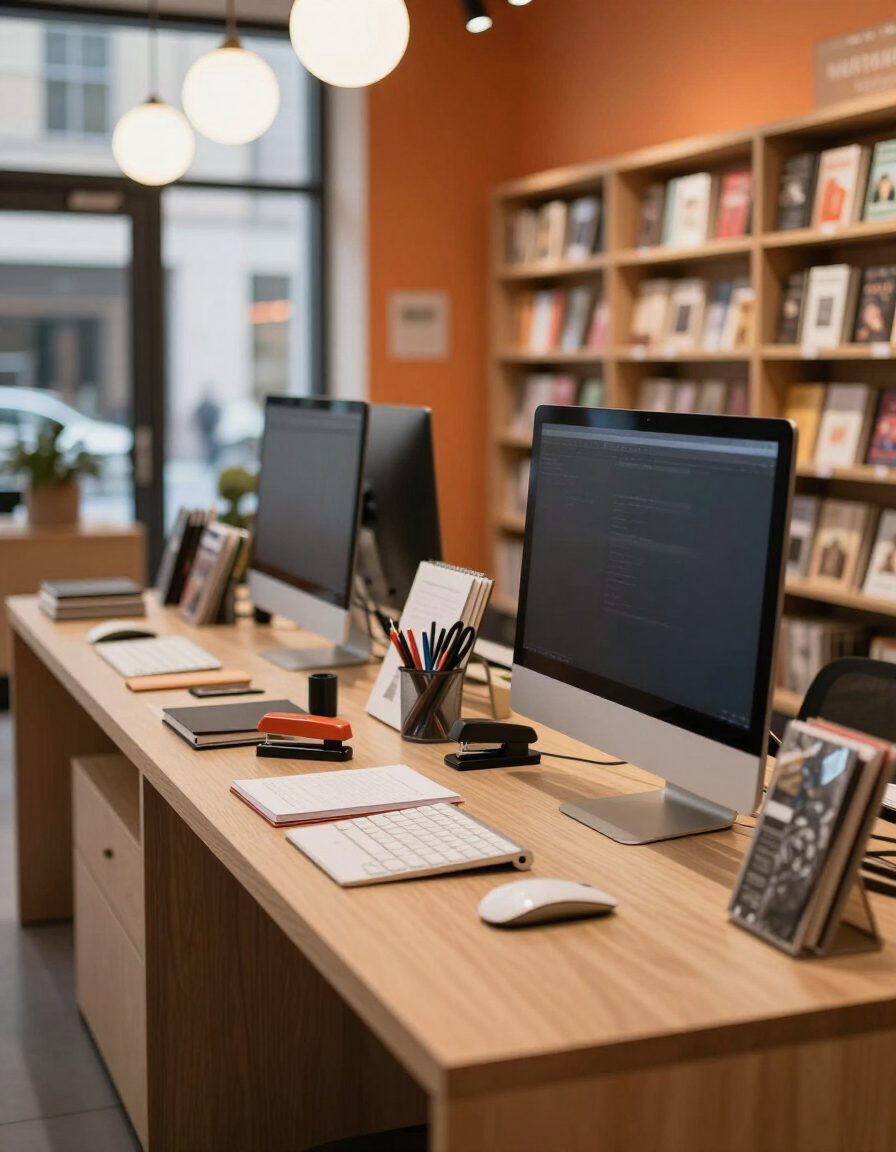 Mostrador de Librería Sistesa con artículos de librería, oficina y tecnología