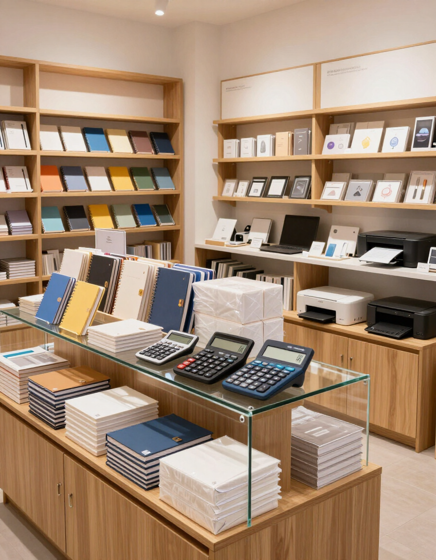 Interior luminoso de Librería Sistesa con estanterías de papelería y tecnología