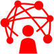 Un personnage rouge avec un réseau de nœuds connectés au-dessus d'elle, symbolisant des connexions ou des idées.