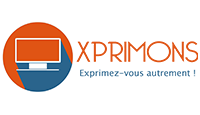 Logo de XPRIMONS. Un cercle orange et bleu avec une icône d'écran d'ordinateur. Du texte apparaît en dessous.